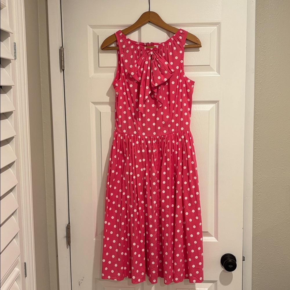Unique Vintage Pink Polka Dot Midi Dress Pockets Retro 50s Inspired Swing Size S - Picture 2 of 7